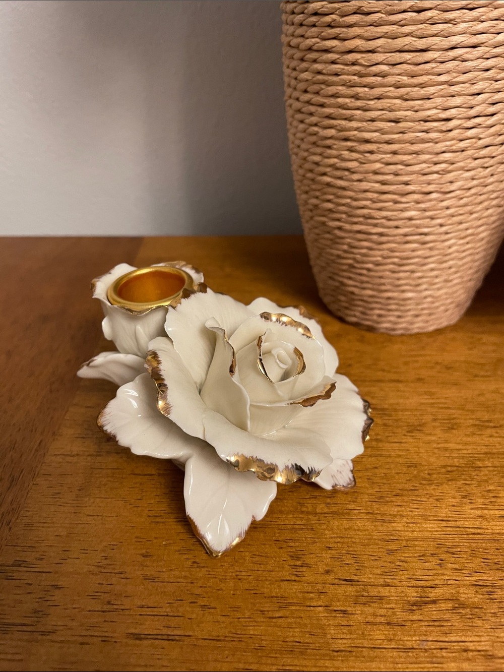 Vintage Avon Porcelain Rose Taper Candlestick Holder in Excellent Condition